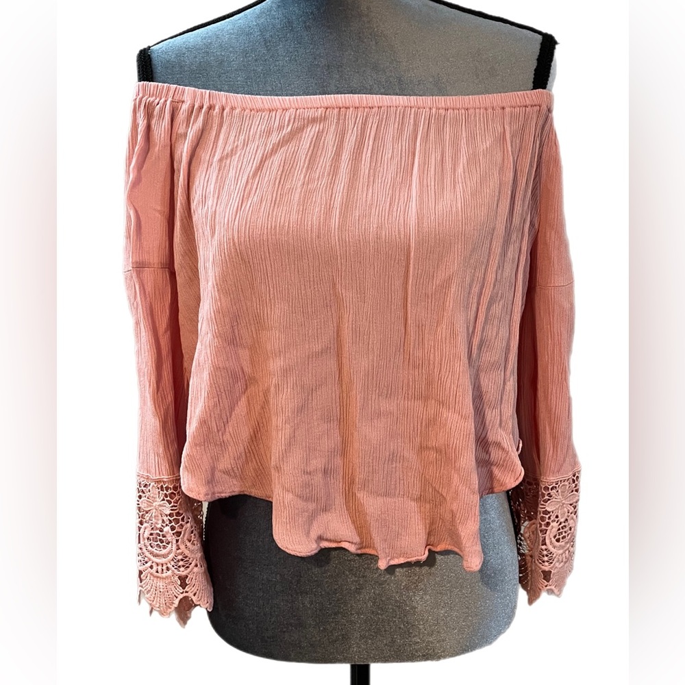 LOVE TREE Pink Lace Bell Sleeve Off the Shoulder Pleated Top, Size S